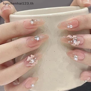 HANHAI 10 ชิ้น/5 ชิ้น 3D เรซิ่น Bowknot เล็บ Ch สีชมพูริบบิ้นโบว์ Rhinestone เครื่องประดับอะไหล่ตกแต่งเล็บ DiIY Salon อุปกรณ์เสริมของขวัญ TH