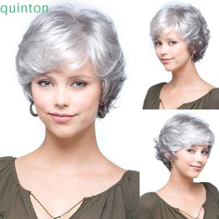 Quinton วิกผมสั้น หยักศก สังเคราะห์ สีเงิน สีเทา ซ่อนได้ ใช้ได้ทุกวัน สําหรับคุณแม่