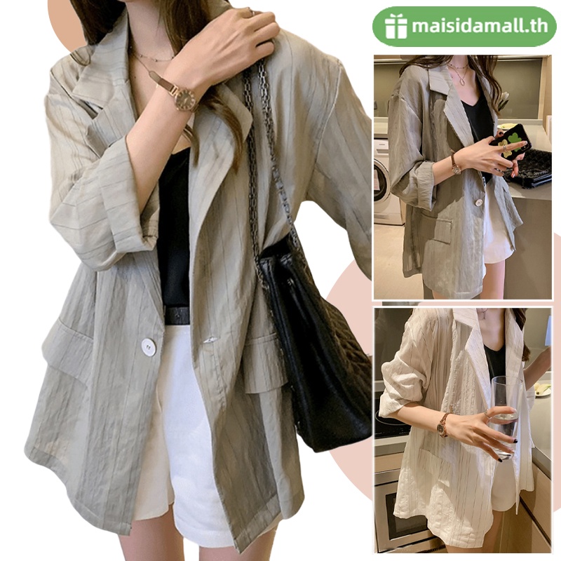 🔥พร้อมส่ง🔥MSD Blazer Oversized เสื้อเบลเซอร์ลายทางขนาดใหญ่ย้อนยุคกลางยาวบางเสื้อสูทหญิงเกาหลีอารมณ์อังกฤษชีฟองผ้าลินินลำลองหลวมสุภาพสตรีเสื้อกันลมผู้หญิง