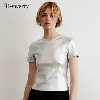 U-sweety เสื้อยืดลําลอง แขนสั้น คอกลม สีพื้น แฟชั่นสําหรับสตรี 2023