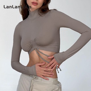 Lanlanlolo เสื้อยืดแขนยาว คอสูง แต่งจับจีบ สีพื้น เซ็กซี่ แฟชั่นสําหรับผู้หญิง 2023