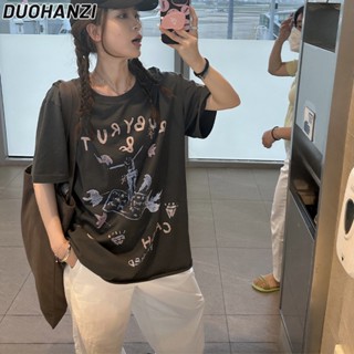 Duohanzi เสื้อยืด แขนสั้น พิมพ์ลาย สําหรับผู้หญิง