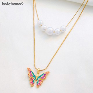 Luckyhouse0^^ สร้อยคอโซ่ สองชั้น ประดับไข่มุก รูปผีเสื้อ สไตล์เจ้าหญิง บาร์บี้ ของขวัญวันวาเลน