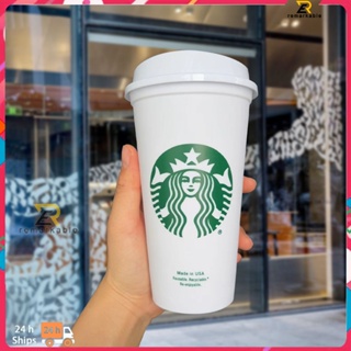Ready stock Starbucks แก้วกาแฟร้อน/เย็นนำกลับมาใช้ใหม่ได้พร้อมฝา Straw 473ml/16oz Black/white amazing_th