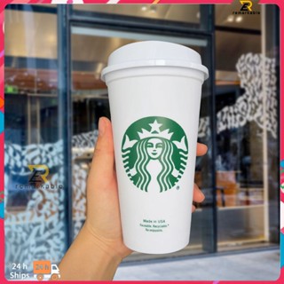 Ready stock Starbucks แก้วกาแฟร้อน/เย็นนำกลับมาใช้ใหม่ได้พร้อมฝา Straw 473ml/16oz Black/white amazing_th