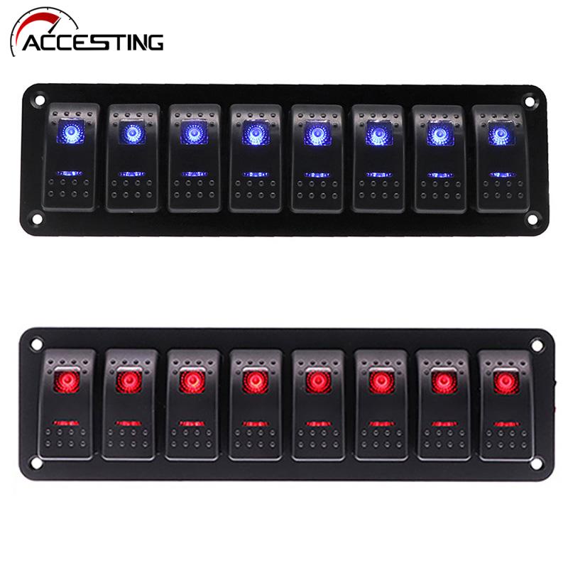 8 Gang แผงสวิตช์กันน้ําสําหรับ Marine เรือ Caravan RV Universal Toggle สวิทช์ ON-OFF Rocker แผงสีแดงสีฟ้า 12/24V
