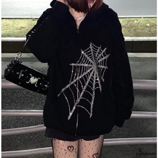 เสื้อคาร์ดิแกนกันหนาว แขนยาว มีฮู้ด แต่งซิป แต่งพลอยเทียม ลายใยแมงมุม พร้อมกระเป๋า สําหรับผู้หญิง