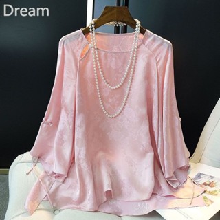 Pink printing imitation mulberry silk shirt Womens season new Chinese style buckle round neck imitation silk shirt