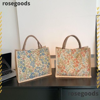 Rosegoods1 กระเป๋าอาหารกลางวัน ผ้าลินิน ลายดอกไม้ เรียบง่าย สําหรับผู้หญิง