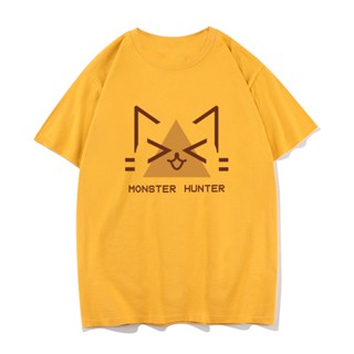 แฟชั่น เกม Monster Hunter Felyne เสื้อยืดแขนสั้นคู่รักผ้าฝ้ายแท้พิมพ์ลายแมวน่ารักคุณภาพสูง เสื้อผ้า