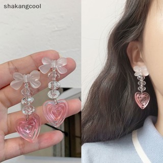 Shakangcool ต่างหูระย้ายาว ประดับคริสตัล รูปหัวใจ โบ สีชมพู สไตล์ฮาราจูกุ แฟชั่นวินเทจ สําหรับผู้หญิง Y2K SGL