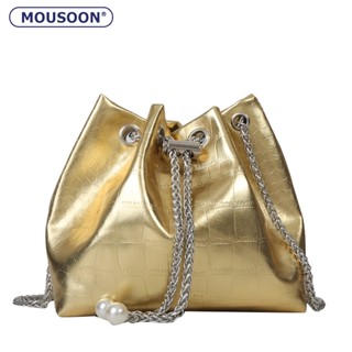 MOUSOON กระเป๋าสะพายข้างสุภาพสตรี Messenger กระเป๋าหนังสิทธิบัตร Drawstring สีลูกกวาดเงา