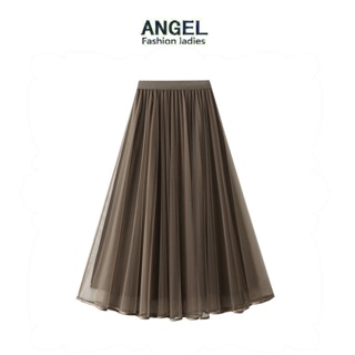 [2 ด้าน] ANGEL แฟชั่นผู้หญิง midi กระโปรงตาข่ายสีทึบเกาหลียืดหยุ่นเอวสูง A-line บางขนาดใหญ่แกว่งตูตูกระโปรง Tulle กระโปรงจีบยาวสําหรับผู้หญิง