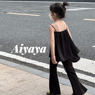 Aiyaya เสื้อผ้าเด็กผู้หญิง เสื้อแขนกุดสีดำมีสไตล์พร้อมกางเกงขายาวผ่าด้านข้าง ชุดเซต 2 ชิ้น（551）