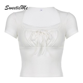 Sweeticme ใหม่ เสื้อยืดลําลอง แขนสั้น คอสี่เหลี่ยม แต่งลูกไม้ สีพื้น เซ็กซี่ แฟชั่นสําหรับสตรี 2023