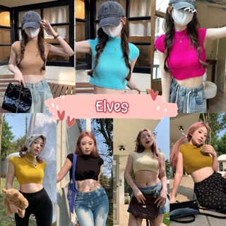 Elves✨พร้อมส่ง✨ เสื้อครอปแขนสั้นไหมพรม ผ้านิ่มใส่สบายโชเอวเซ็กซี่ ~X2005-1~