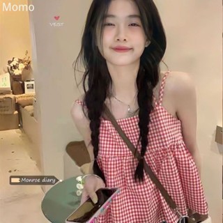 momo~เสื้อกั๊กสั้น Halter เสื้อกั๊ก Halter ลายสก๊อตน่ารัก เสื้อ Pompom แขนกุดหลวม MQ054