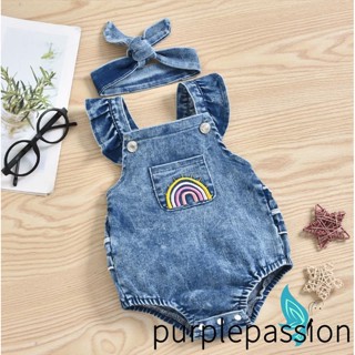 Purplepassion- ชุดรอมเปอร์ ผ้ายีน ปักลายลูกไม้ สีรุ้ง ระบายอากาศ สร้างสรรค์ แฟชั่นฤดูร้อน สําหรับเด็กทารกผู้หญิง