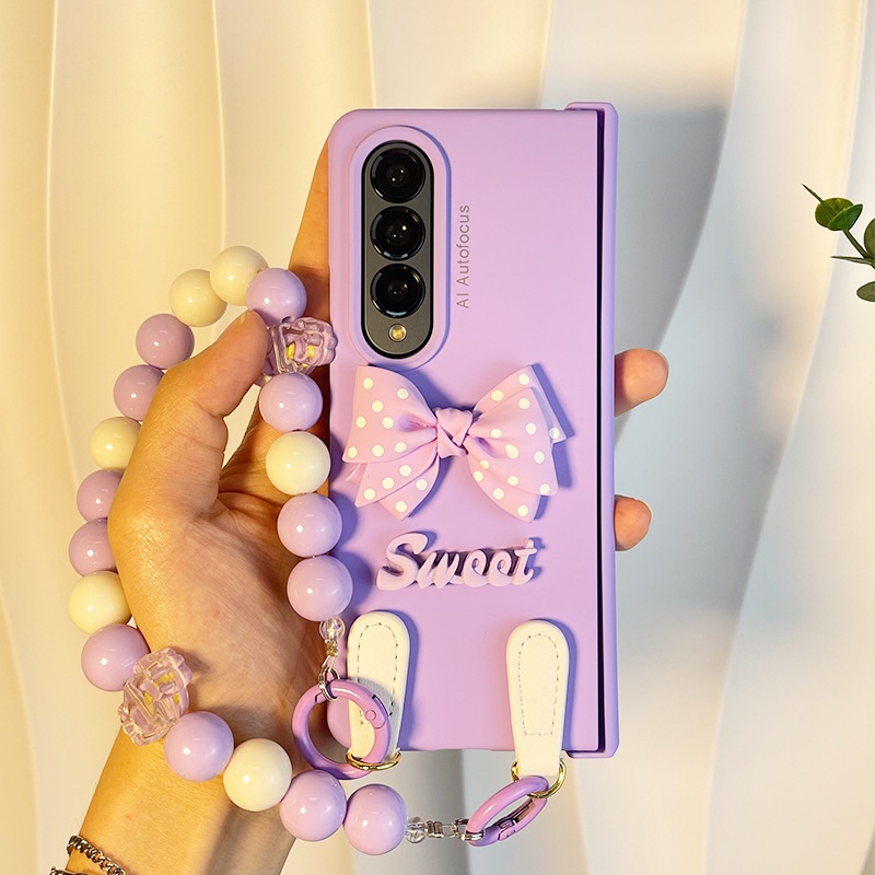 Samsung Galaxy Z พับ 6 5 4 3 ZFold6 ZFold5 5G แฟชั่น DIY น่ารักโบว์ใหญ่แบบพกพาลูกปัดโซ่มือบานพับสีม่วงป้องกัน Matte ผิวกันกระแทกฝาครอบ