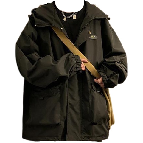 เสื้อคลุมแขนยาว มีฮู้ด เสื้อแจ็คเก้ตผ้าร่ม(สีดำ/กากี)Jacket รุ่นขนาด S-2XL ทรงหลวม **ผอม อวบ อ้วน ใส่ได้