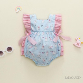 Babygarden-0-24 เดือน ชุดรอมเปอร์ แขนพอง คอสี่เหลี่ยม พิมพ์ลายกระต่าย แต่งโบว์ สําหรับเด็กผู้หญิง