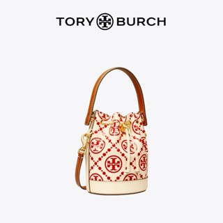Tory Burch T MONOGRAM กระเป๋าสะพายไหล่ ทรงบักเก็ต ลายดาวนูน ขนาดเล็ก สีแดง และสีขาว แฟชั่นสําหรับสตรี