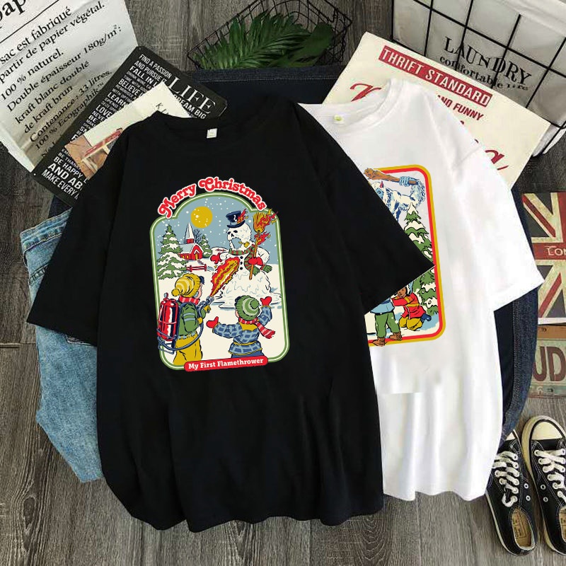 GOOD TYเสื้อคู่ คริสต์มาส Tshirts 90s พิมพ์วินเทจท็อปส์ซูปีใหม่ฤดูหนาวแฟชั่นสตรีทแวร์ผู้หญิงผู้ชายขน