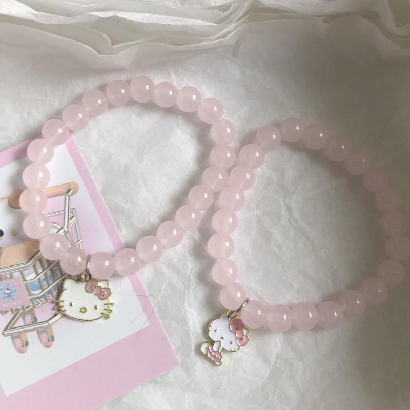 เครื่องประดับ สร้อยข้อมือ จี้คริสตัล รูปคิตตี้ สีชมพู สไตล์ญี่ปุ่น สําหรับเด็กผู้หญิง