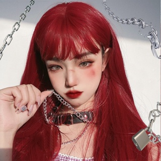 Influencer lolita Burgundy วิกผมยาวตรง สีแดง สําหรับผู้หญิง