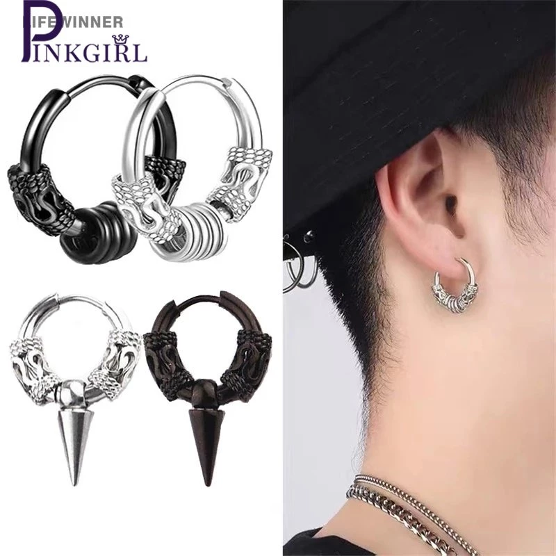 เครื่องประดับ ต่างหูสตั๊ด สเตนเลส ทรงกลม ลายมังกร สไตล์พังก์ร็อค ฮิปฮอป สําหรับผู้ชาย