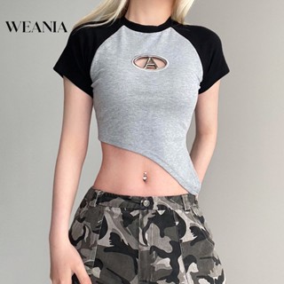 Weania เสื้อยืด พิมพ์ลายตัวอักษร บล็อกสี โลหะ สไตล์เรโทร สําหรับผู้หญิง