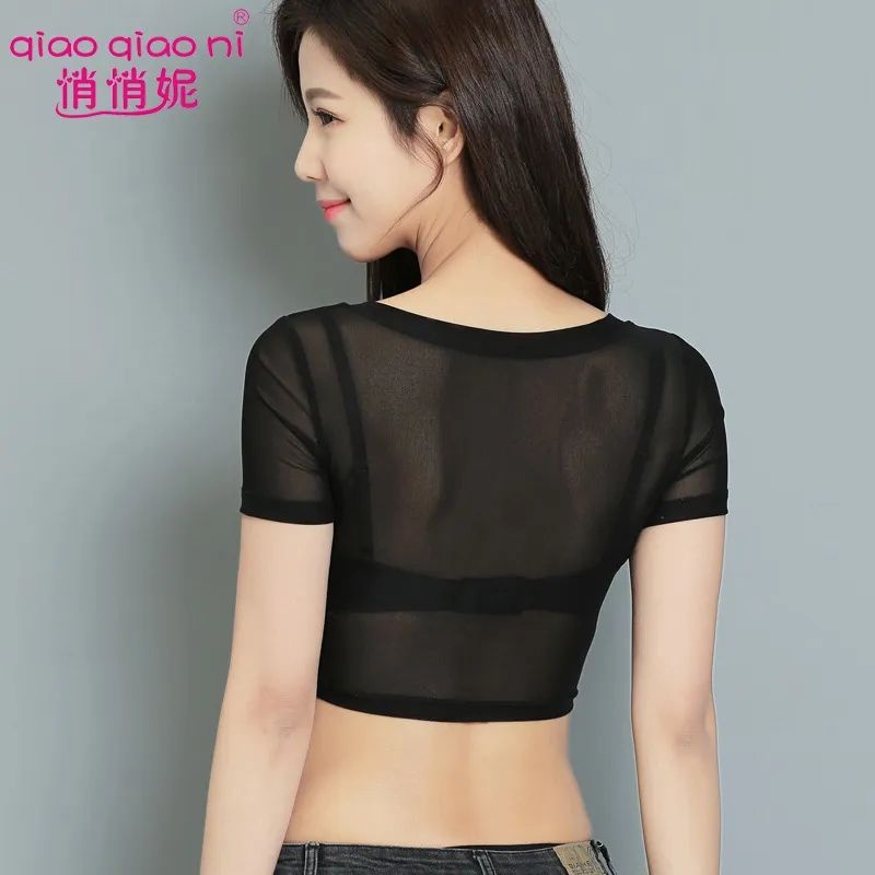 Super Stretching เซ็กซี่ด้านใน Gauze เสื้อขนาดเล็ก Anti-Exposed Navel สั้นครึ่งแขน Top