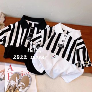 พร้อมส่ง เสื้อยืดแขนสั้น คอปก ลายทาง แฟชั่นฤดูร้อน สําหรับเด็กผู้ชาย