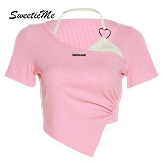 Sweeticme ใหม่ เสื้อยืดลําลอง แขนสั้น ทรงไม่สมมาตร เข้ารูป สีตัดกัน เซ็กซี่ แฟชั่นสําหรับสตรี 2023