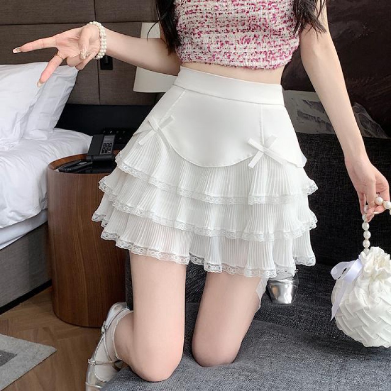 New high waist sweet bow skirt white lace Pengpeng skirt girls chiffon cake skirt pleated stitching A- line skirt