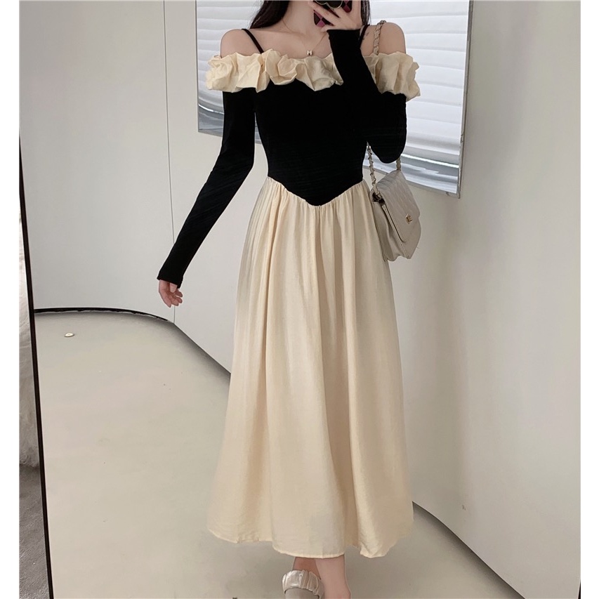 Ann.Fashion เดรสแฟชั่นเกาหลี เดรสยาว เดรสเปิดไหล่ สายเดี่ยวสีพื้น เนื้อผ้ายืดหยุ่นใส่สบาย แต่งระบายด้านบน #9031