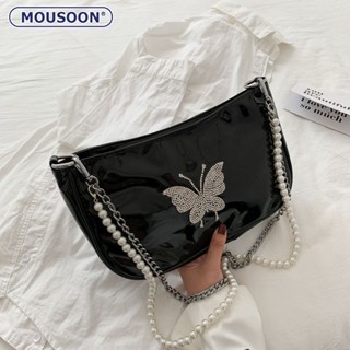 MOUSOON Niche dark design กระเป๋าสะพายผู้หญิง หนังสิทธิบัตร เพชร ผีเสื้อ รักแร้กลาง กระเป๋าโบราณ โซ่มุก cross-body แบบพกพา