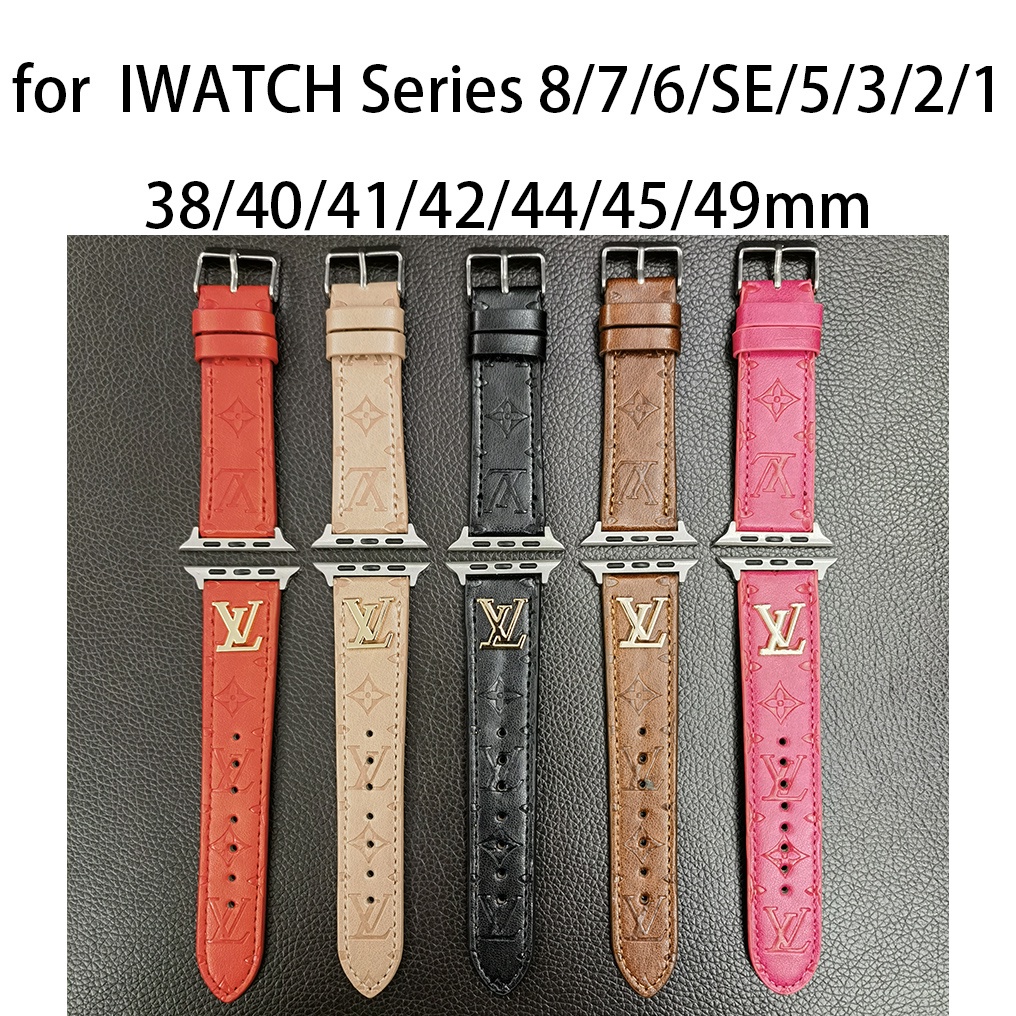 สายนาฬิกาข้อมือหนัง 49 มม. ลายโลโก้ สีทอง หรูหรา แบบเปลี่ยน สําหรับ Smart Watches Series 8 Ultra 7 6 SE 5 4 3 2 1 ขนาด 41 มม. 45 มม. 44 มม. 42 มม. 40 มม. 38 มม.