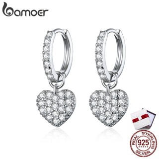 BAMOER ต่างหูคลิปหัวใจออกแบบสำหรับหญิงแท้ 925 เงินเงาหิน