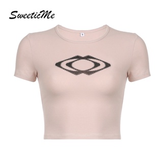 Sweeticme เสื้อยืดครอป คอกลม แขนสั้น พิมพ์ลาย ลําลอง แฟชั่นใหม่ สําหรับผู้หญิง 2023