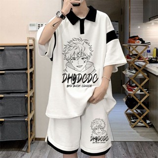 ผู้ชายชุดเสื้อโปโลแขนสั้นสีครีม เทรนด์ฤดูร้อน แวฟเกอร์กึ่งแขนกุด กางเกงขาสั้นวัยรุ่น 2 ชุด 2 ชุด