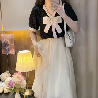 🍒Bee🍒โบว์ หวาน แขนสั้น อารมณ์ หลวม เสื้อเชิ้ต รุ่นสั้น ท็อปส์ เทรนด์