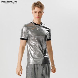 Incerun เสื้อยืดคอกลม แขนสั้น ผ้าถัก แบบยืดหยุ่น รัดรูป