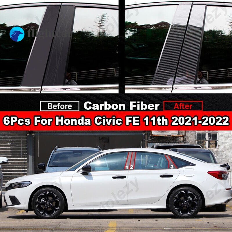 Flightcar ฝาครอบเสาประตูหน้าต่างรถยนต์ คาร์บอนไฟเบอร์ สีดํา สําหรับ Honda Civic FE Sedan 11th 2021-2022 6 ชิ้น