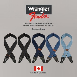 Fender® X Wrangler® Denim Guitar Strap สายสะพาย สายสะพายกีตาร์ กว้าง 2 นิ้ว ปรับยาวได้ 39-58" วัสดุผ้ายีนส์และไนลอน ปลายสายโลโก้ Fender® ** Made in Cana