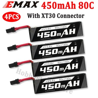 แบตเตอรี่ EMAX 450mAh 1S 3.8V HV 80C/160C LiPo พร้อมตัวเชื่อมต่อ XT30 สําหรับโดรนแข่งขัน Nanohawk X FPV 4 ชิ้น