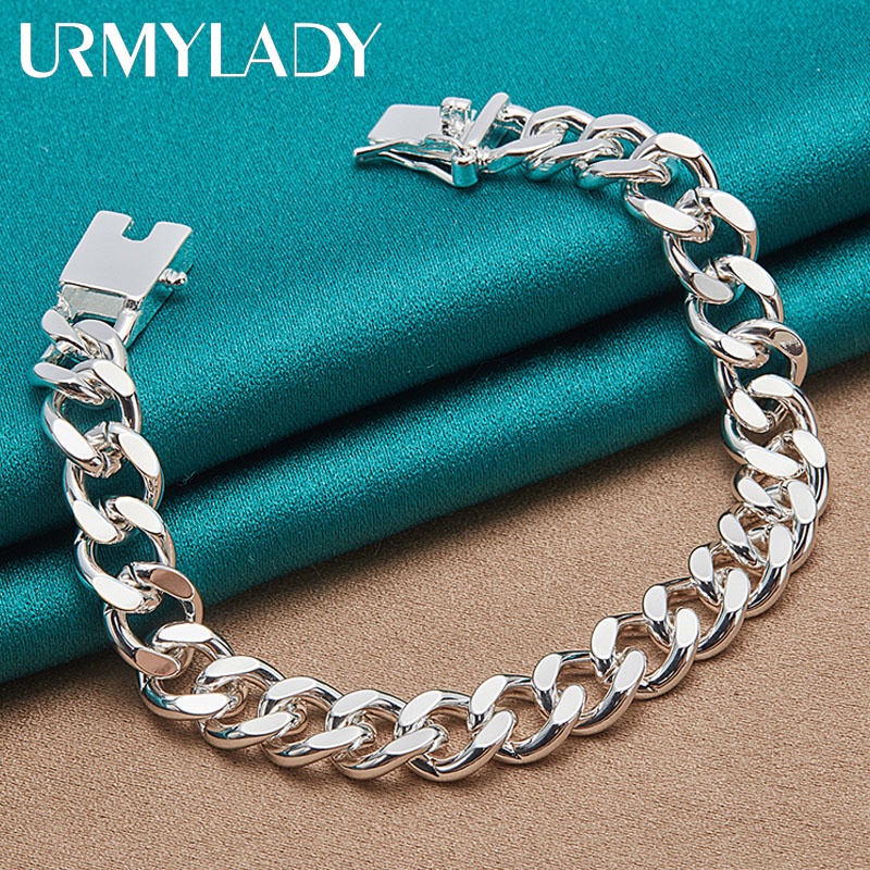 Urmylady สร้อยข้อมือเงินแท้ 925 10 มม. หัวเข็มขัดสี่เหลี่ยม 20 ซม. เครื่องประดับแฟชั่น สําหรับผู้ชาย ผู้หญิง งานหมั้น งานแต่งงาน ปาร์ตี้