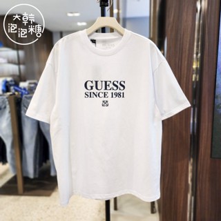 Guess เสื้อยืดแขนสั้น คอกลม พิมพ์ลายโลโก้ ขนาดใหญ่ ระบายอากาศ สีขาว สําหรับผู้ชาย และผู้หญิง