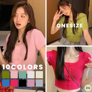 💥HOT SALE💥เสื้อยืดไหมพรมคอเหลี่ยม แขนสั้นเอวจั๊ม 10 สี กระดุมหน้า