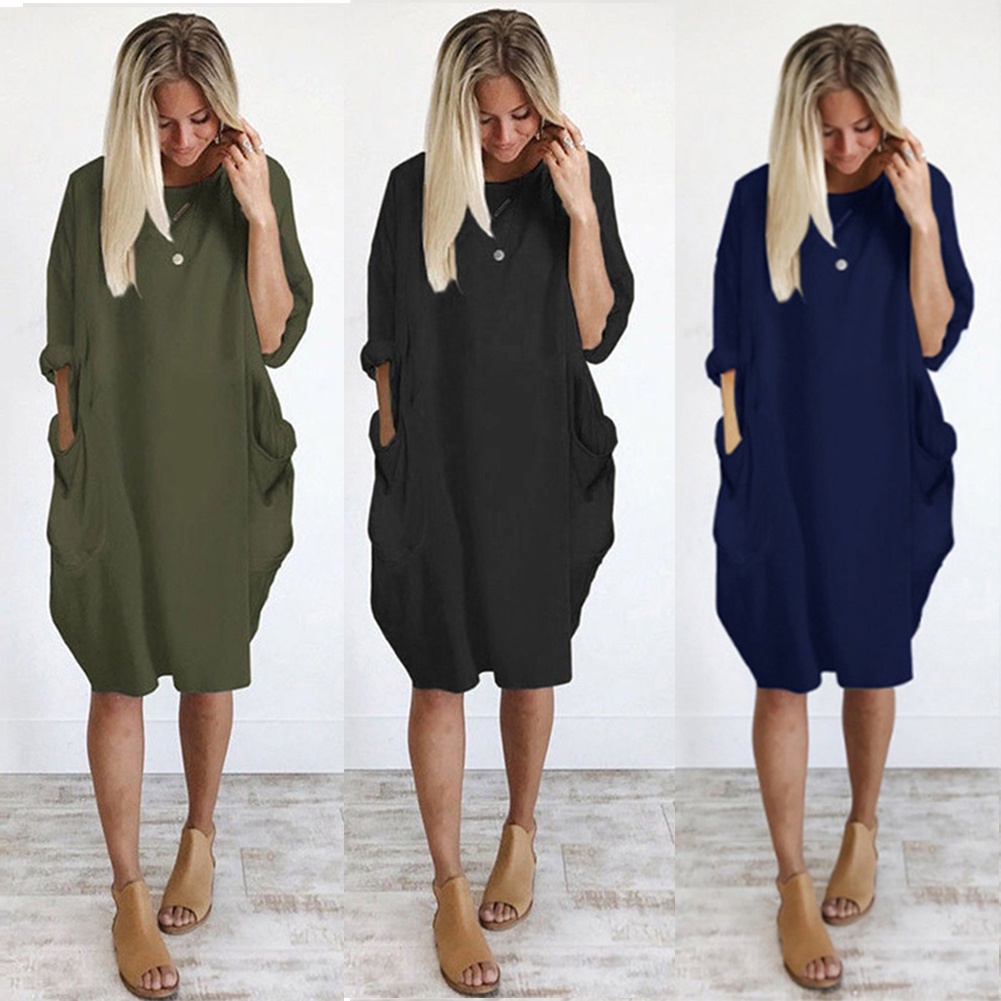 SUV-Women Casual สีทึบ O คอแขนยาวกระเป๋าเข่ายาว Baggy Dress